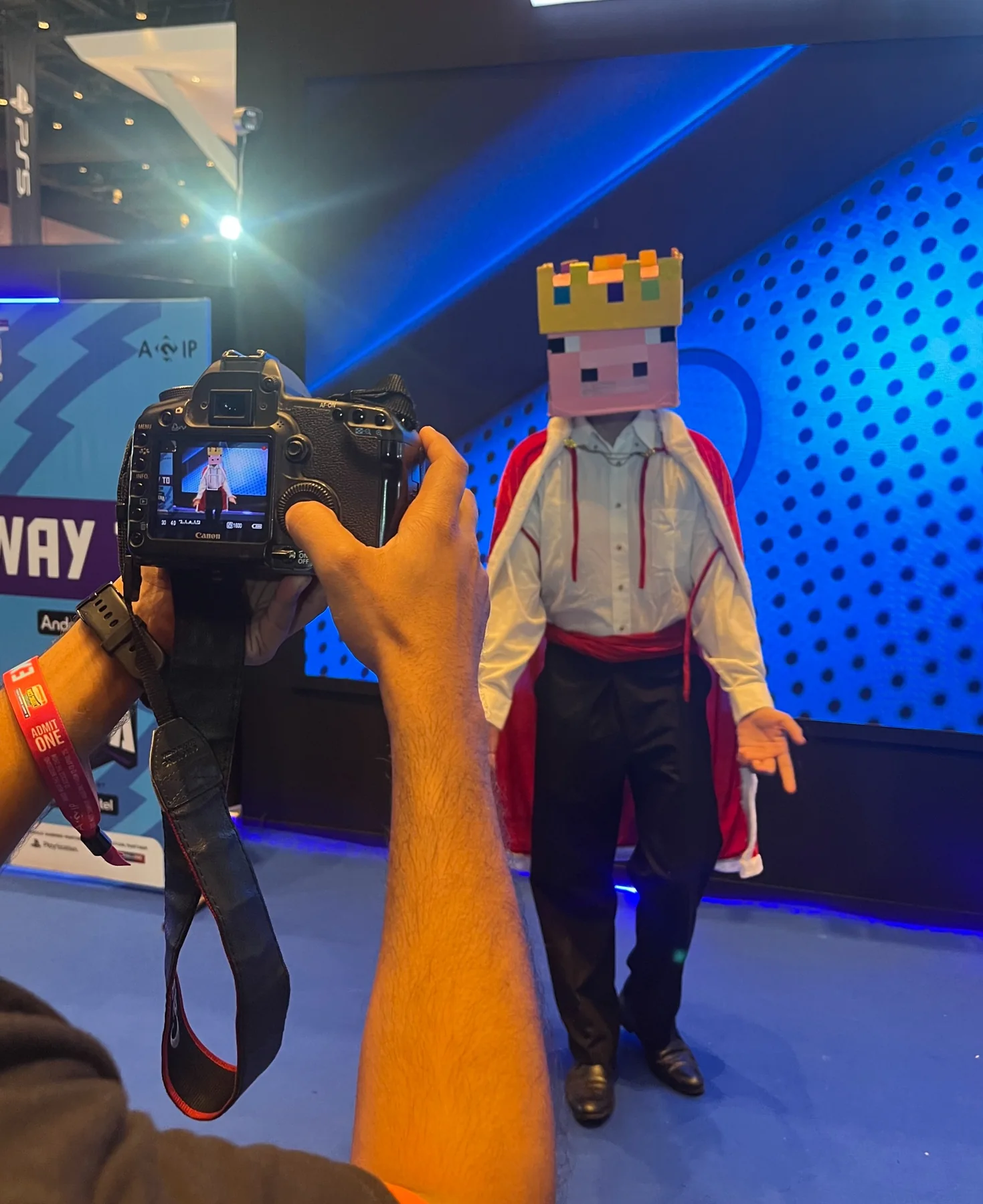 Convention portrait of the pig-king cosplay being photographed