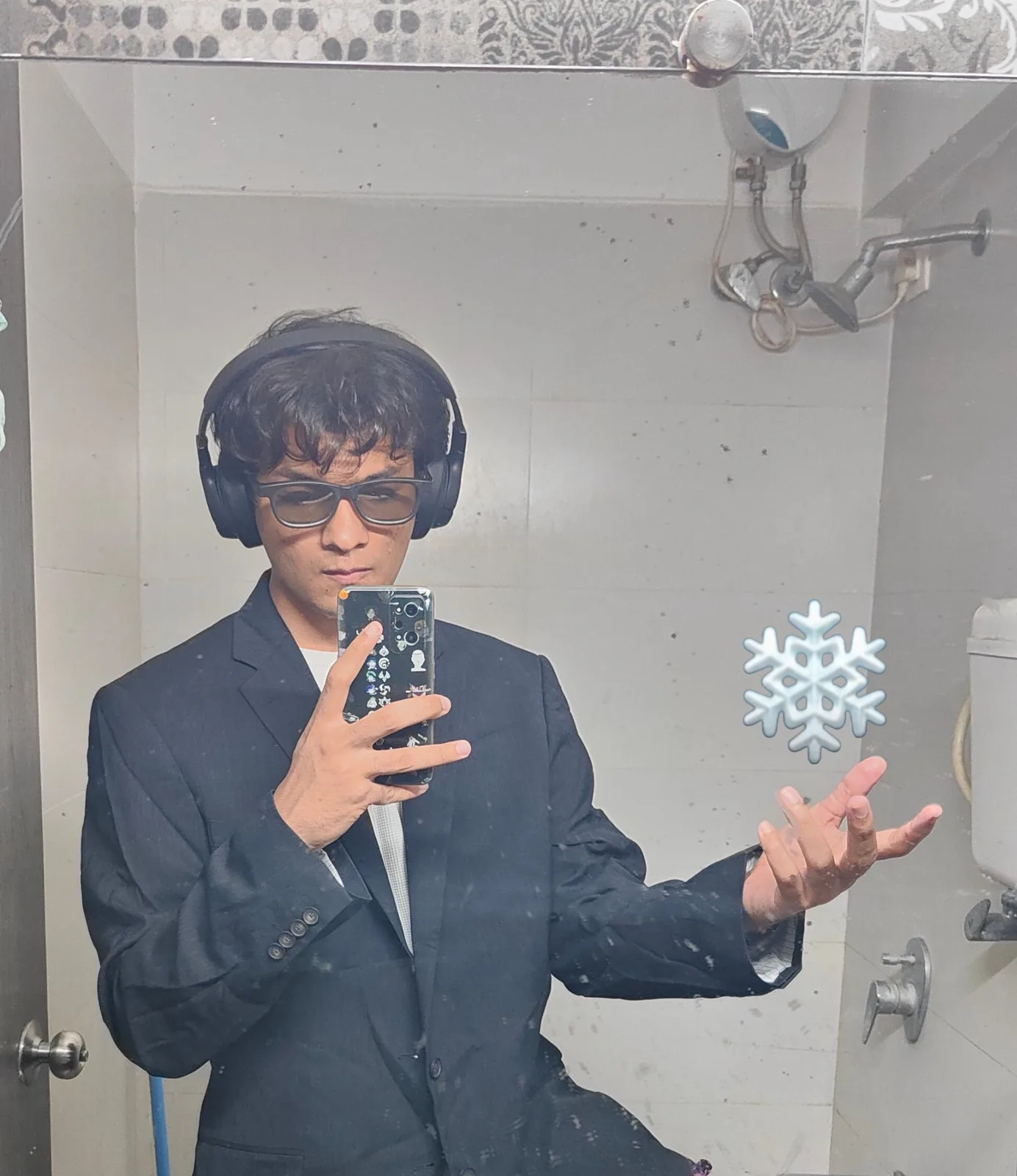 Mirror portrait in a blazer with a snowflake edit